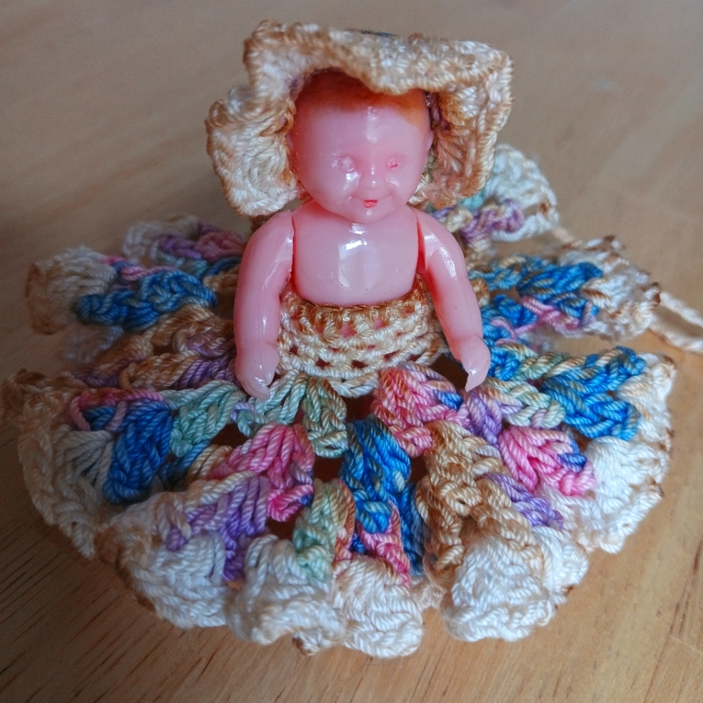 Vintage 1950s Crochet Cellulite Doll Multi Color Dress
